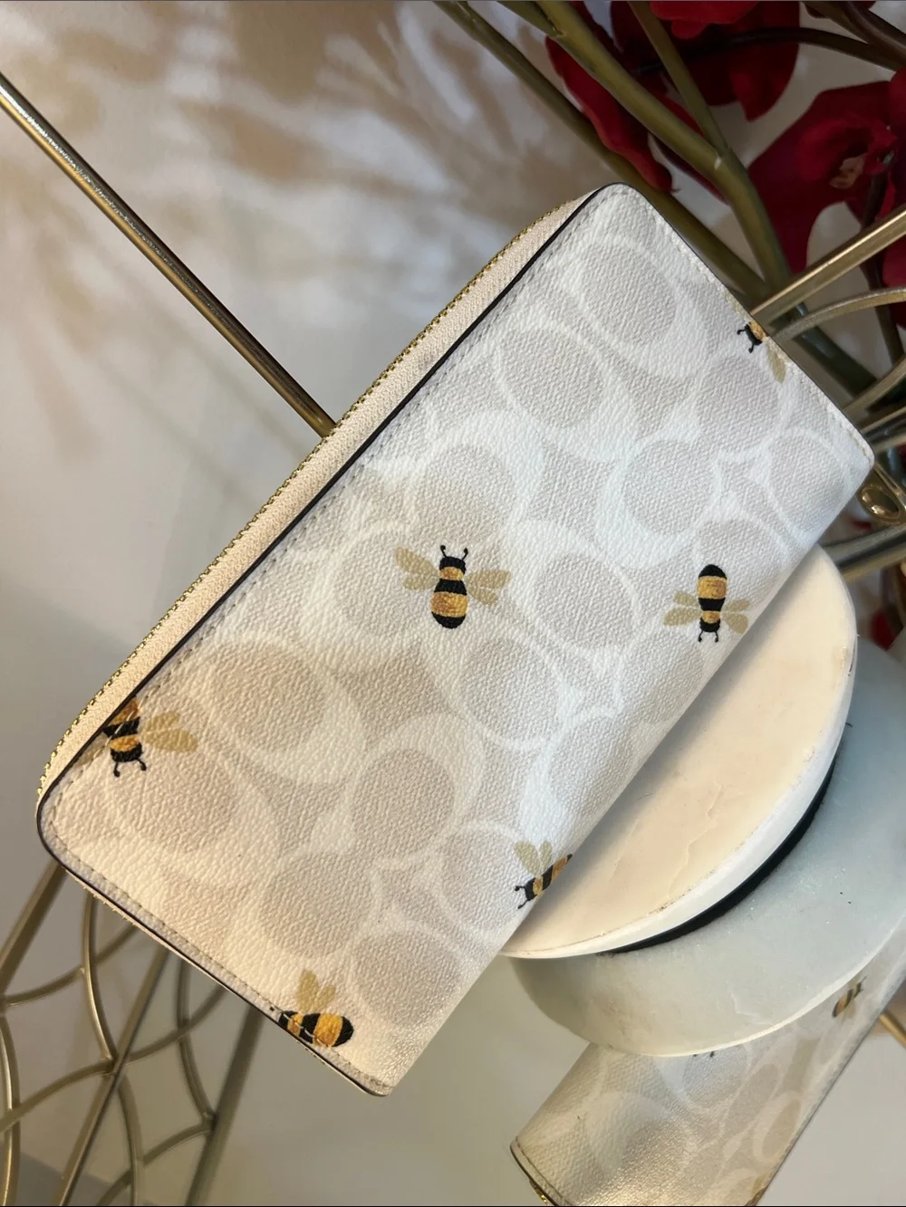 Coach Long Zip-Around / Accordion Wallet in Signature C Canvas with Bee Print